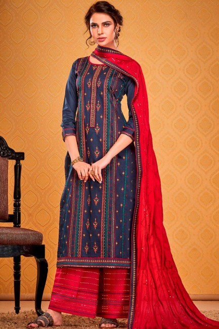 Silk Cotton Navy Blue Palazzo Suit with dupatta