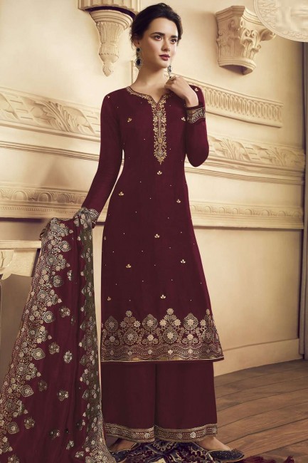 Palazzo Suit in Maroon Crepe with Crepe
