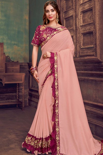 Baby Pink Embroidered Party Wear Saree in Georgette & Silk