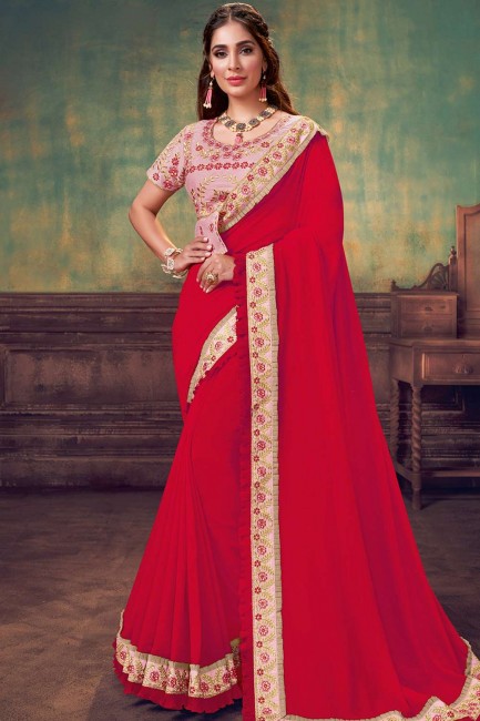 Red Party Wear Saree in Georgette & Silk with Embroidered