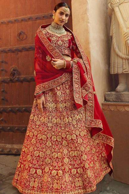 Splendid Velvet Bridal Lehenga Choli in Red