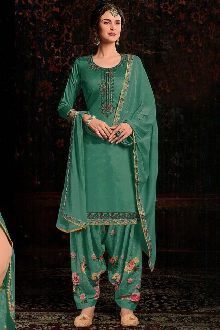 Cotton Satin Patiala Suit in Sea Green with dupatta