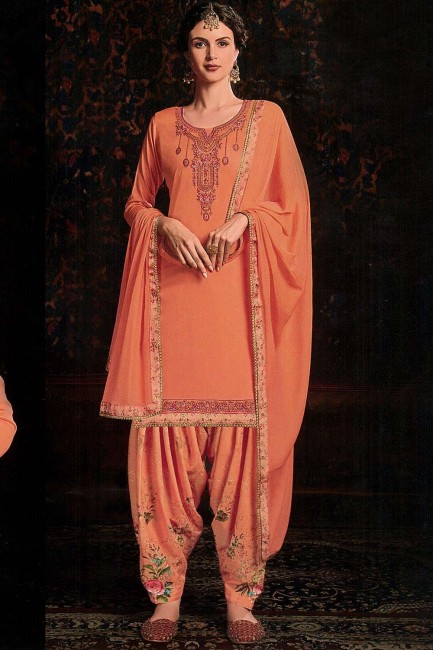 Satin Cotton Orange Patiala Suit with dupatta