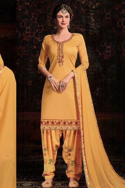 Patiala Suit in Musturd Yellow Satin with Cotton