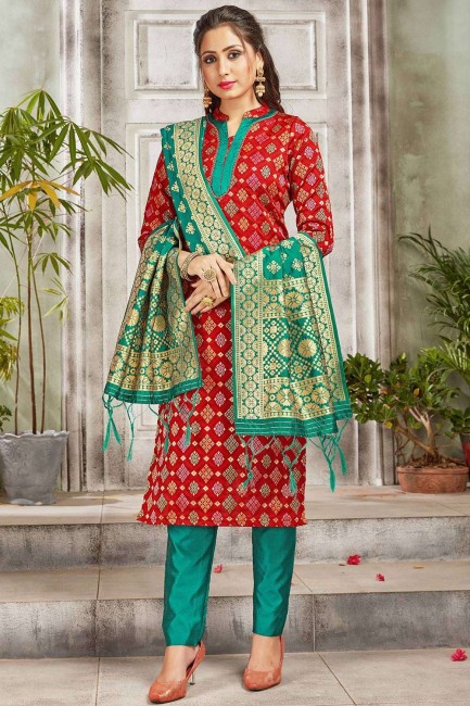 Red Straight Pant Suit in Art Silk with Art Silk