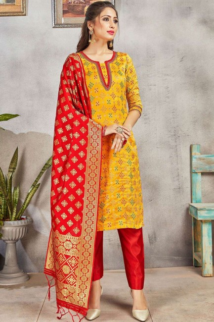 Yellow Straight Pant Suit in Art Silk with Art Silk