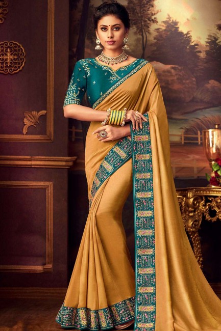 Mustard Yellow Party Wear Saree in Embroidered Silk