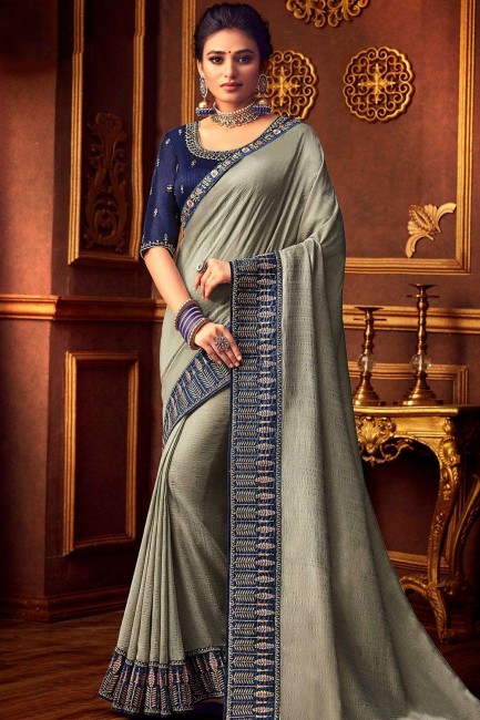 Grey Embroidered Silk Party Wear Saree