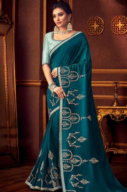 Party Wear Saree in Blue Silk with Embroidered