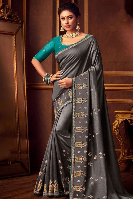 Silk Party Wear Saree in Dark Grey with Embroidered