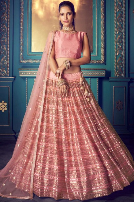 Pink Lehenga Choli in Net with Sequins