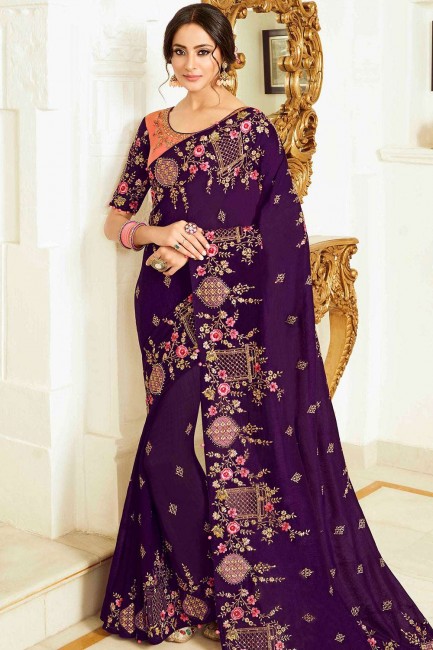 Embroidered Silk Party Wear Saree in Purple