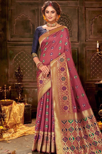 Onion Pink Banarasi Saree in Art Silk with Weaving