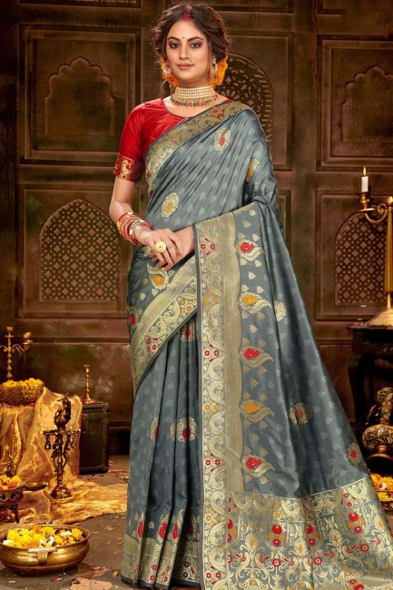 Banarasi Saree in Grey Art Silk with Weaving