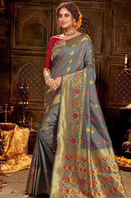 Art Silk Banarasi Saree with Weaving in Grey