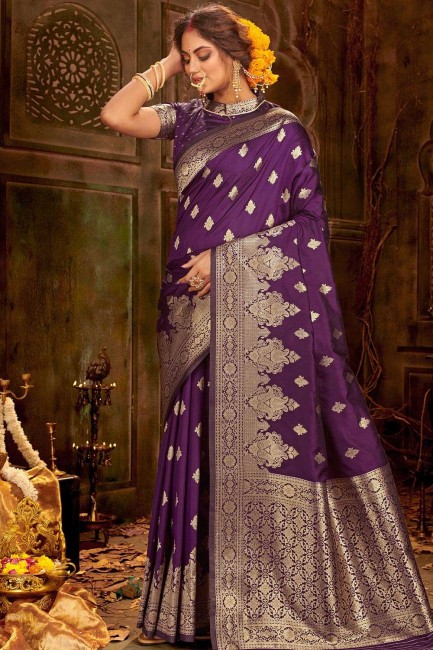 Art Silk Purple Banarasi Saree in Weaving
