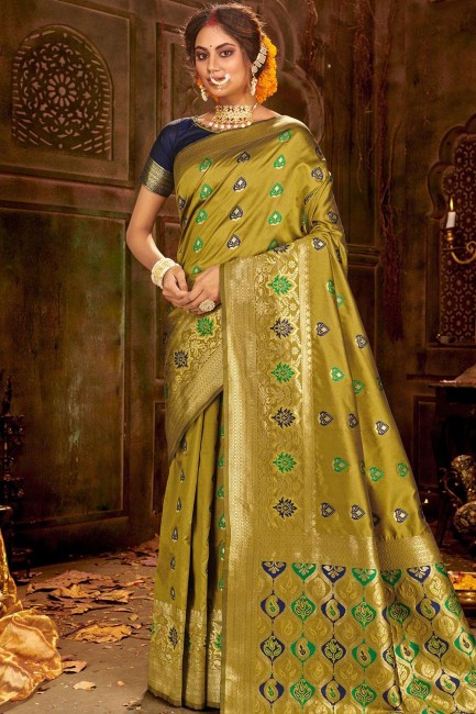 Olive Green Banarasi Saree in Weaving Art Silk