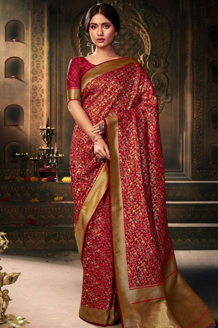 Art Silk Weaving Maroon Banarasi Saree with Blouse