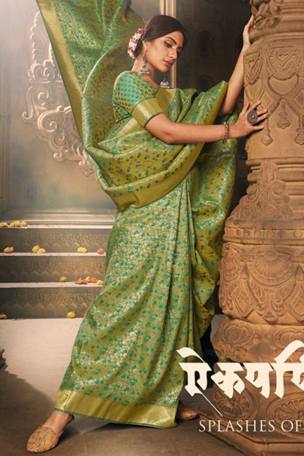 Weaving Art Silk Banarasi Saree in Green with Blouse