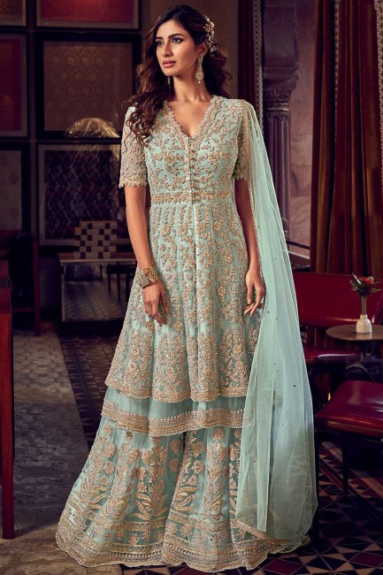 Net Sharara Suit with Net in Baby Blue