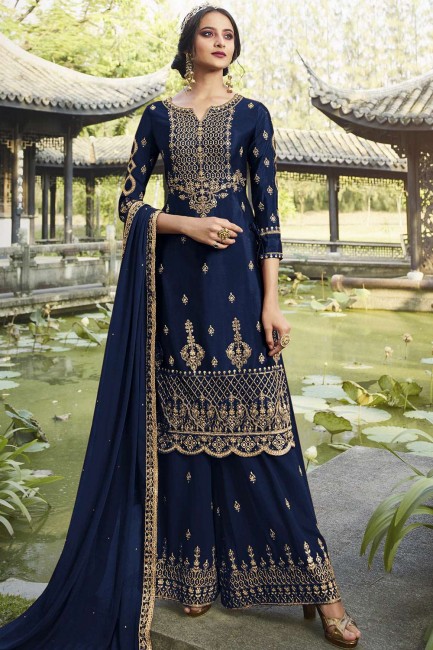 Georgette Sharara Suit in Navy Blue with Georgette