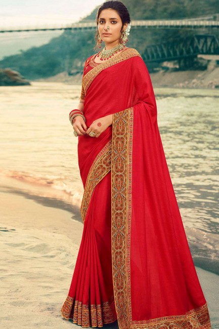 Red Saree with Embroidered Jacquard & Silk