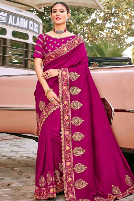 Embroidered Silk Saree in Magenta Pink