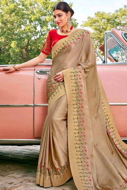 Beige Satin & Silk Embroidered Saree with Blouse
