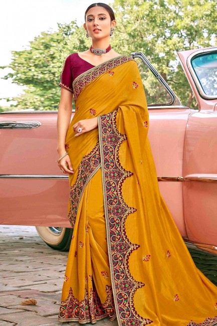 Musterd Yellow Saree in Embroidered Silk