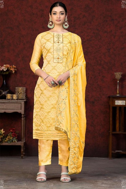 Yellow Salwar Kameez in Weaving Cotton
