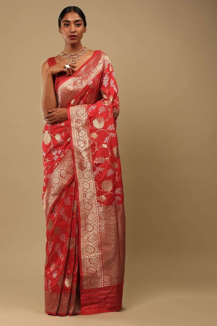 Banarasi silk Party Wear Saree in Pink with Zari,weaving,lace border