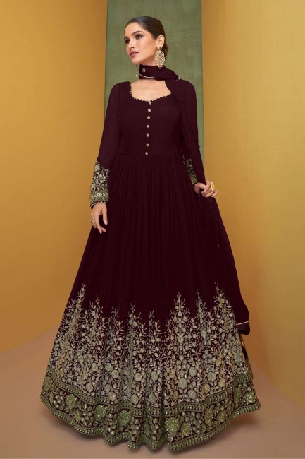 Georgette Embroidered Maroon Anarkali Suit with Dupatta