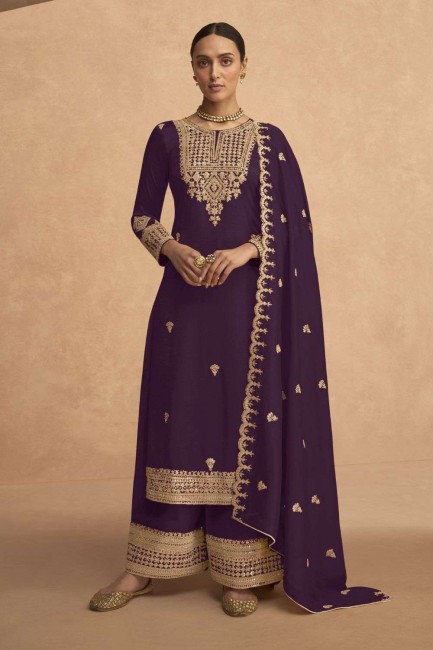 Embroidered palazzo Suit in Purple Georgette