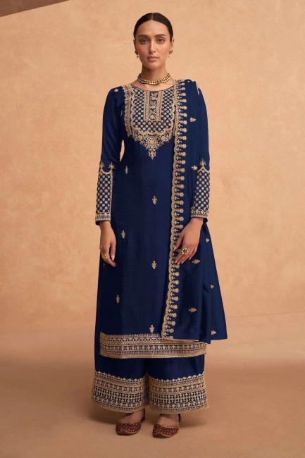 Embroidered palazzo Suit in Blue Georgette