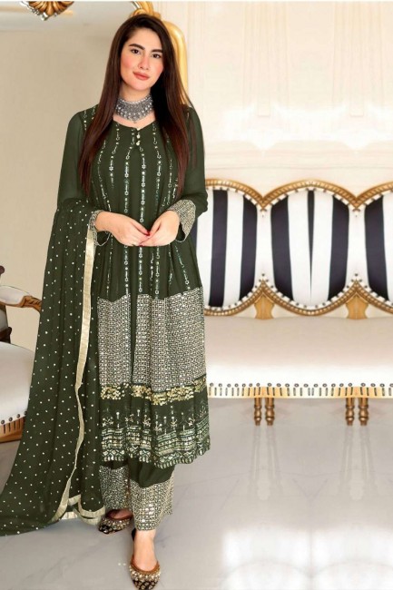 Georgette Anarkali Suit with Embroidered in Mehndi green