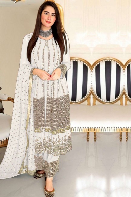 Anarkali Suit in Georgette White with Embroidered