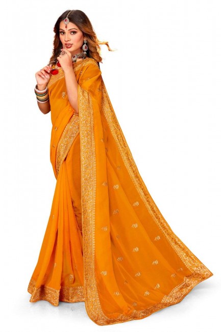Party Wear Saree in Mustrd  Georgette with Thread,embroidered,lace border