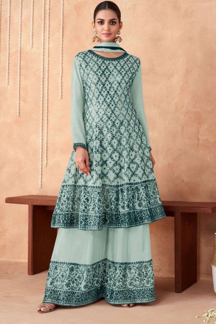 Georgette Palazzo Suit in Light green with Embroidered
