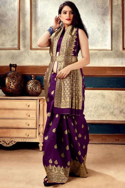 Purple Zari,weaving Banarasi silk Banarasi Saree