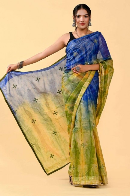 Blue,green Saree in Cotton with Patch,thread,embroidered