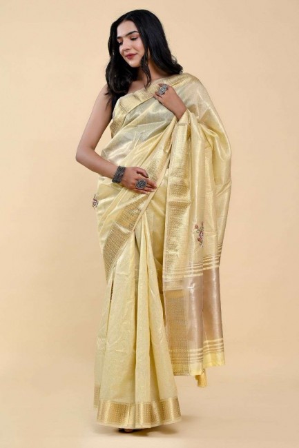 Yellow Saree in Cotton with Hand,thread
