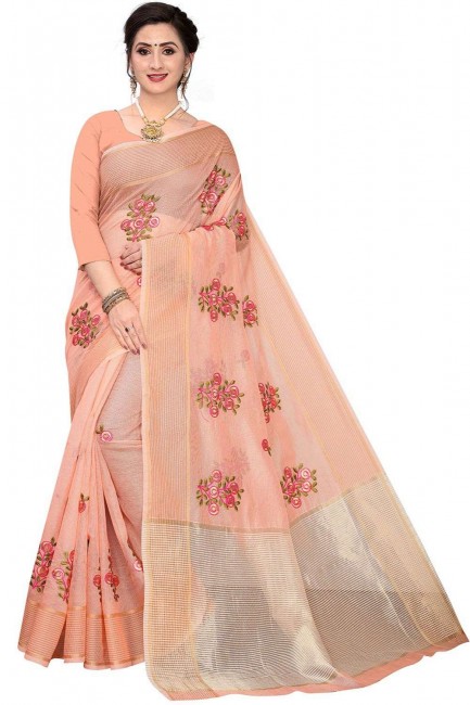 Net Saree with Weaving in Coral