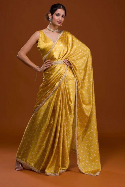 Satin Yellow Saree in Embroidered,digital print