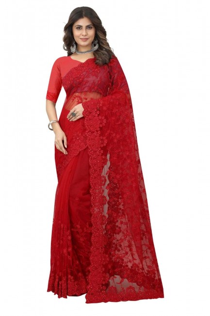 Wedding Saree in Red Net with Embroidered