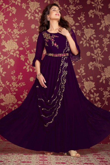 Purple Gown Dress in Embroidered Georgette