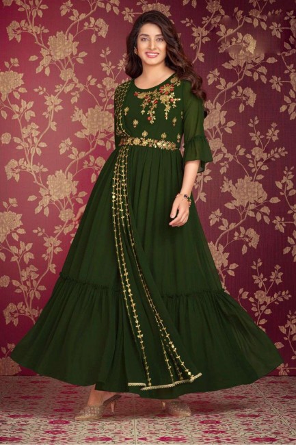 Green Gown Dress in Embroidered Georgette
