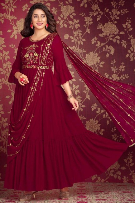 Georgette Maroon Gown Dress in Embroidered
