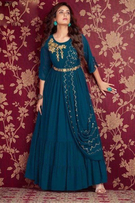 Embroidered Gown Dress in Teal Georgette