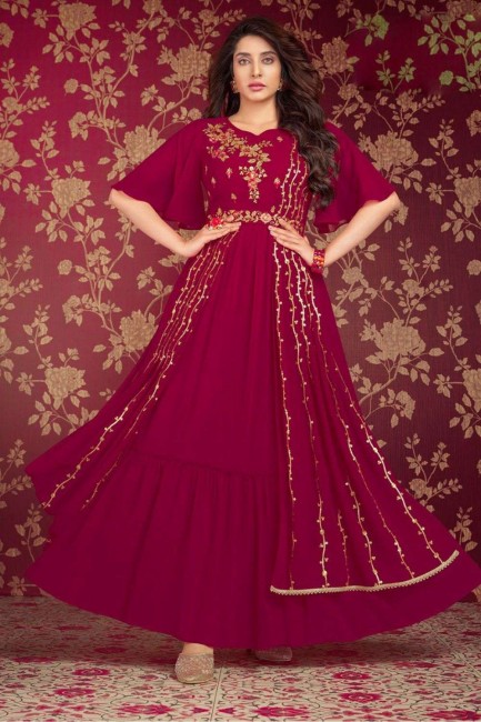 Magenta Gown Dress in Embroidered Georgette