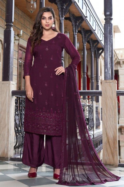 Viscose Embroidered Wine Palazzo Suit with Dupatta